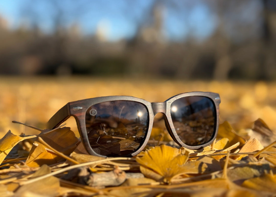 premium natural biodegradable wooden sunglasses on a pile of leaves