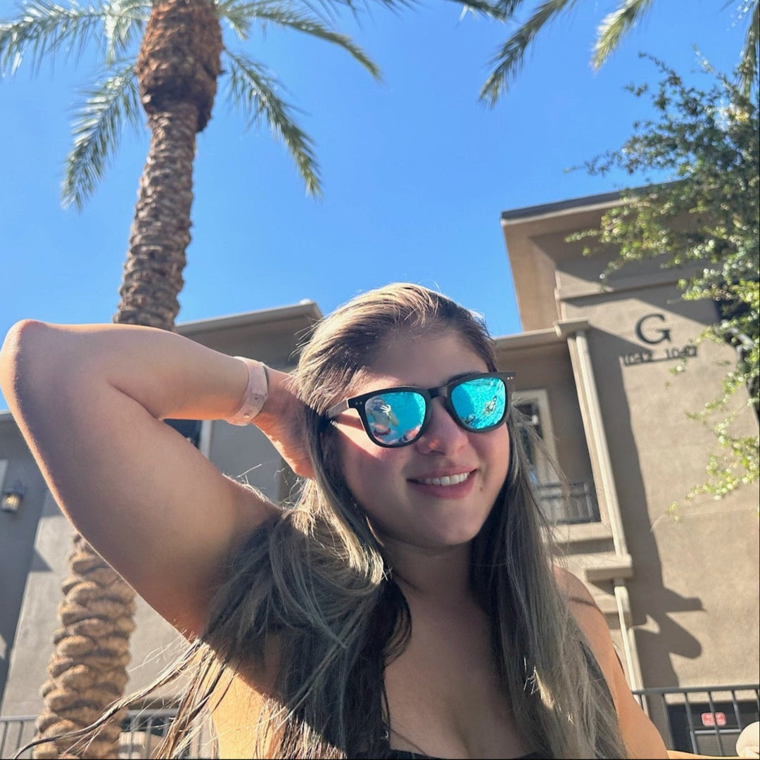 32 Balboas Handmade wooden sunglasses at pool party