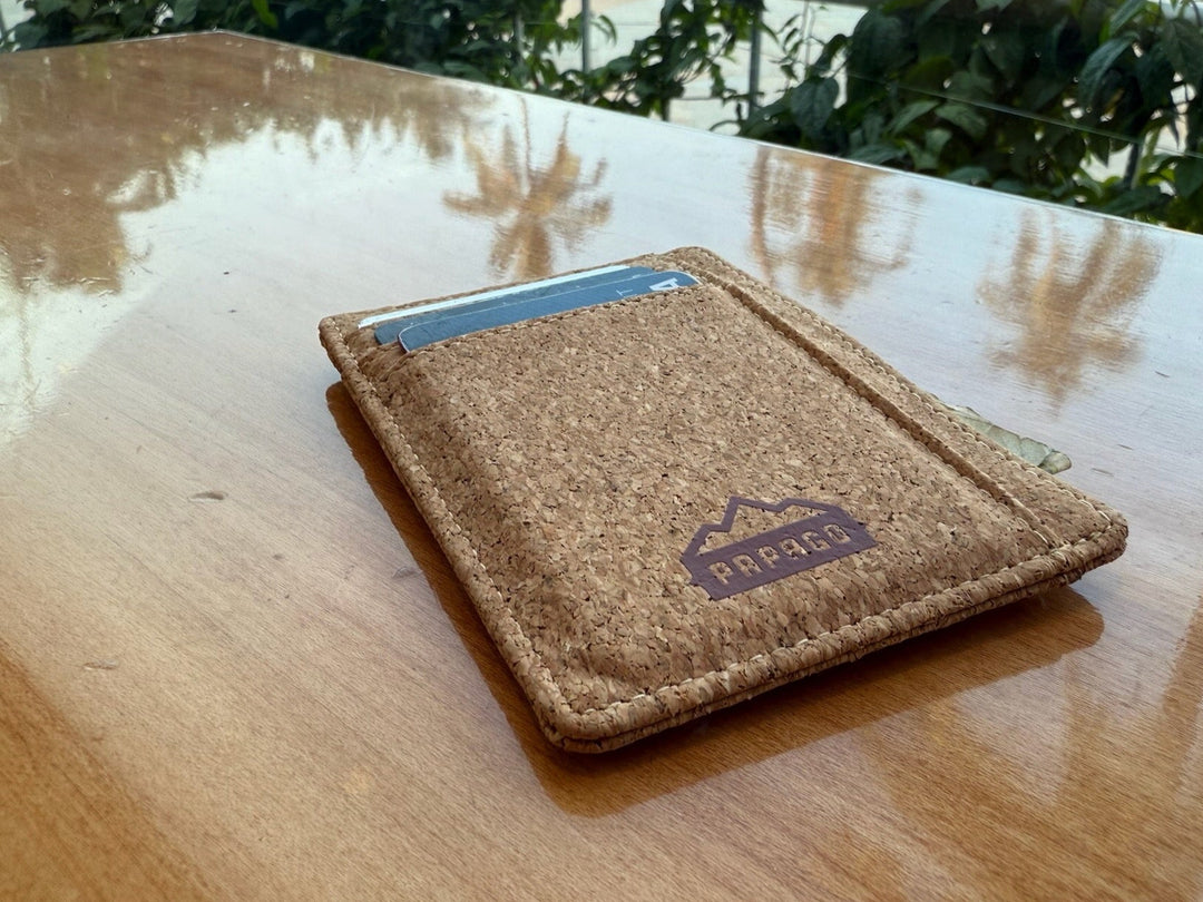 biodegradable cork wood wallet on a table outside to keep money and cards safe