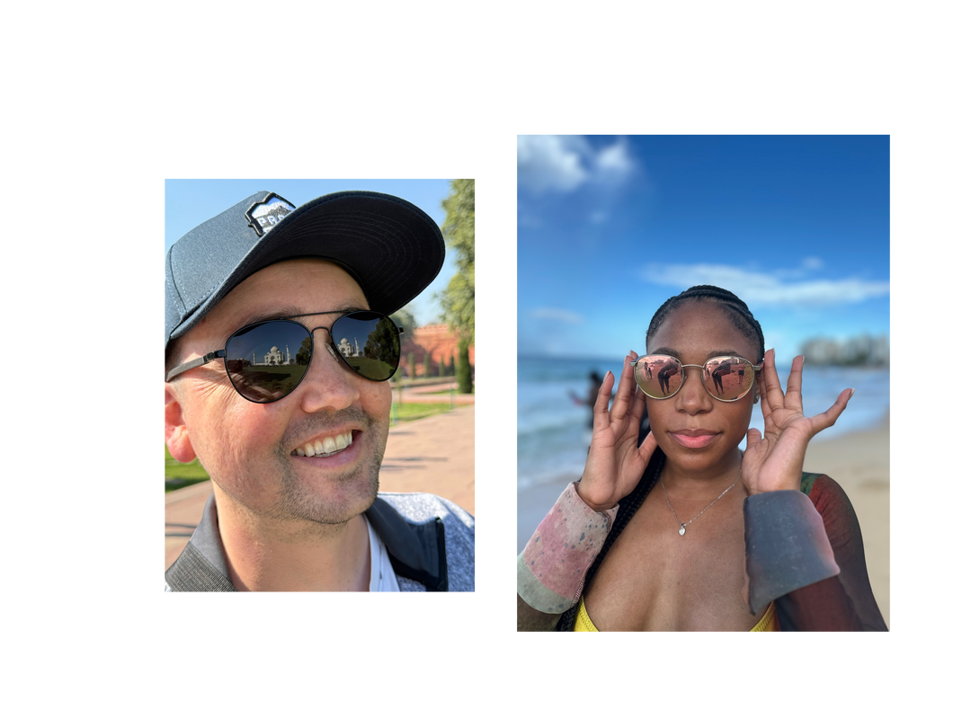 guy wearing blue hat and aviator sunglasses looking at taj mahal and girl wearing rainbow wood sunglasses on the beach