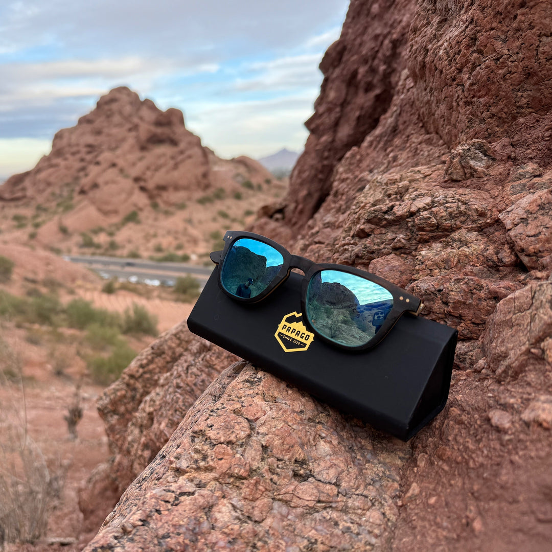Classic Collapsible Travel Case at papago park with premium wooden sunglasses