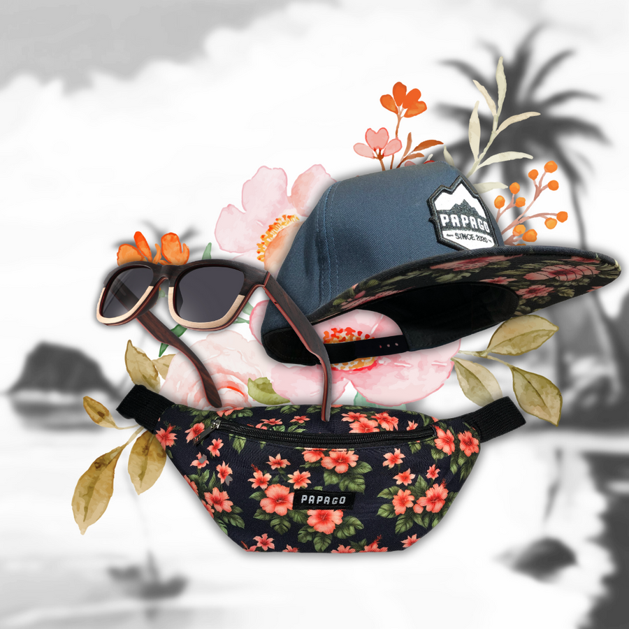 floral belt bag and floral snapback hat and premium sustainable wooden sunglasses package